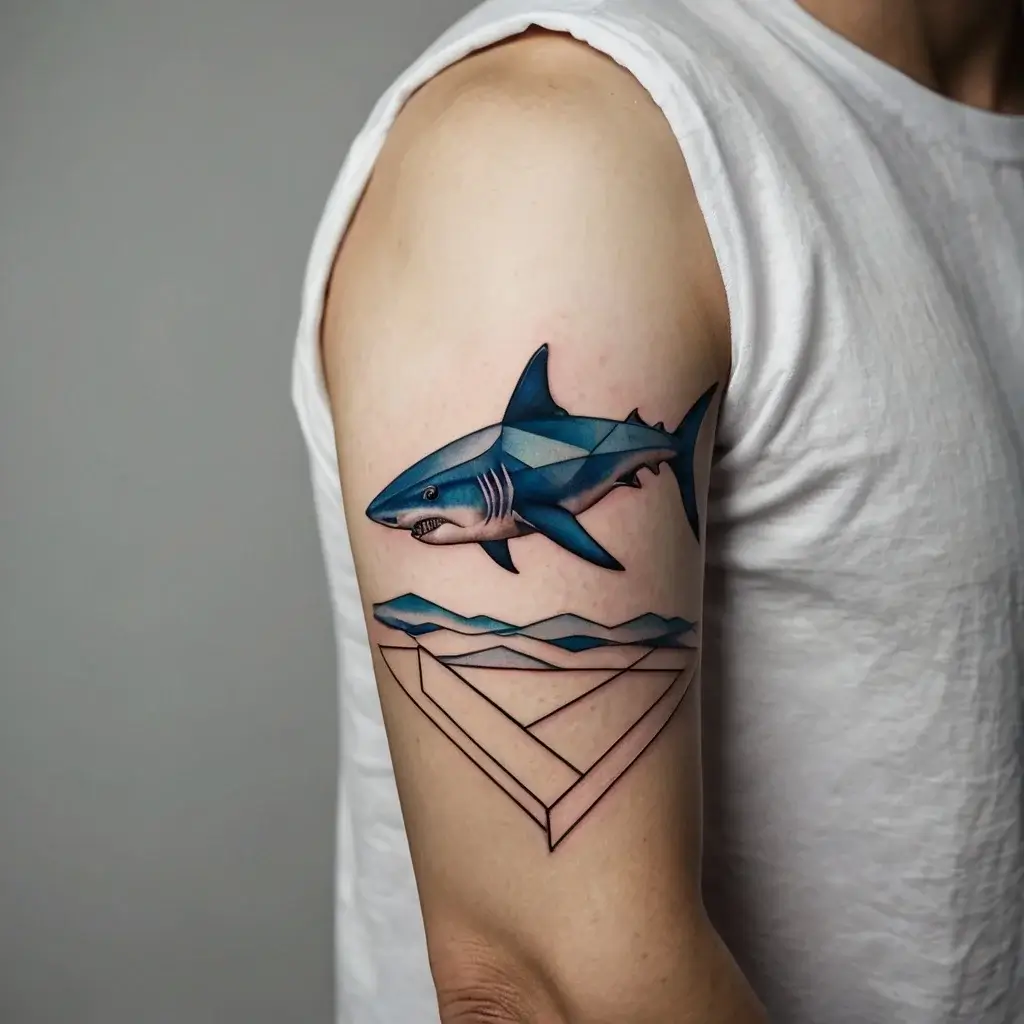 Geometric blue shark tattoo on upper arm, combined with outlined 3D triangle and minimalistic wave pattern below.