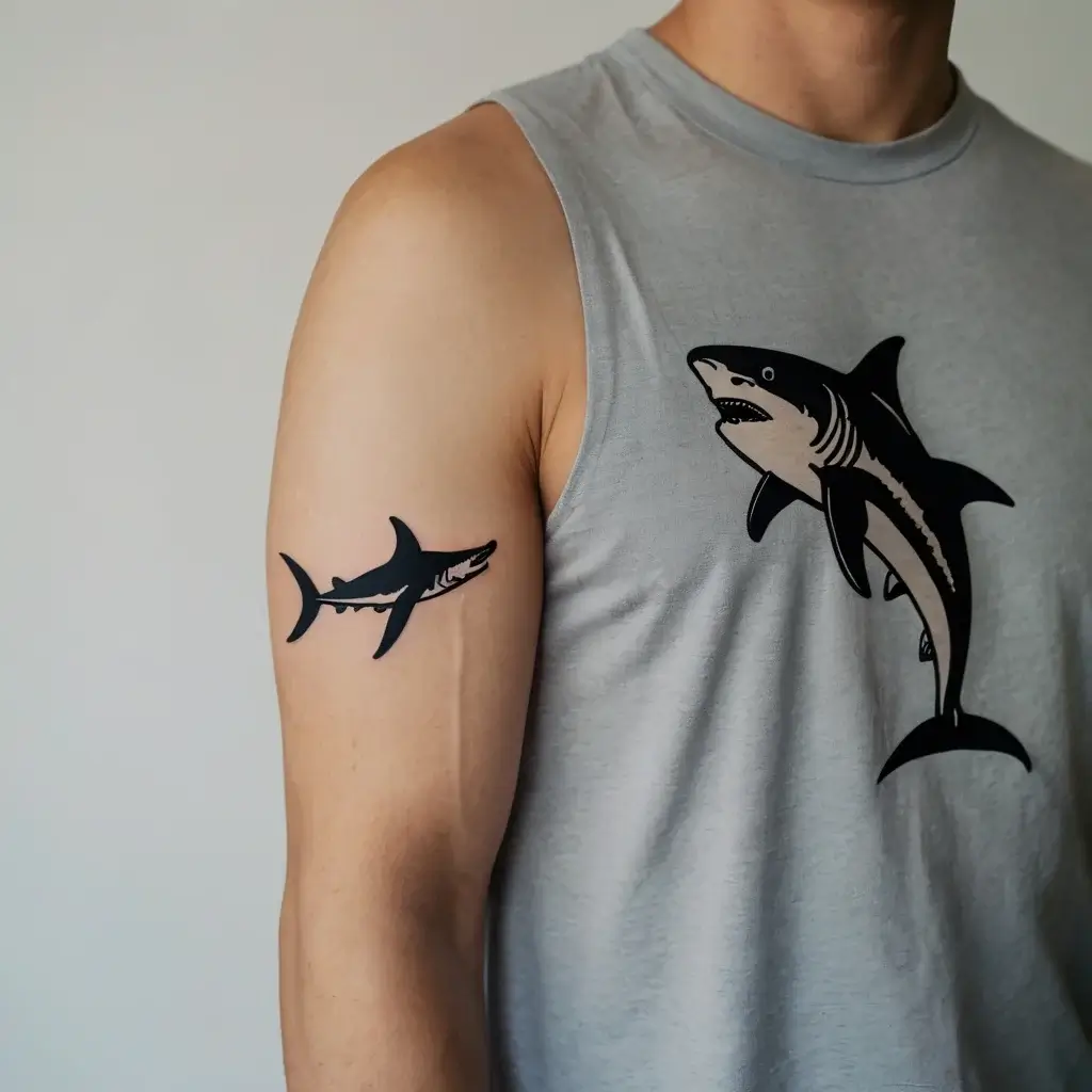 Stylized black shark tattoo on upper arm, matching the shirt design. Bold lines emphasize the shark's dynamic form.