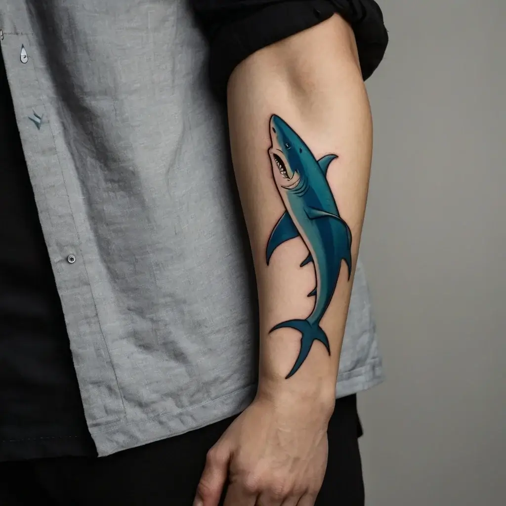 Tattoo of a vibrant blue shark with bold outlines, swimming upwards on the forearm for a dynamic, fierce look.