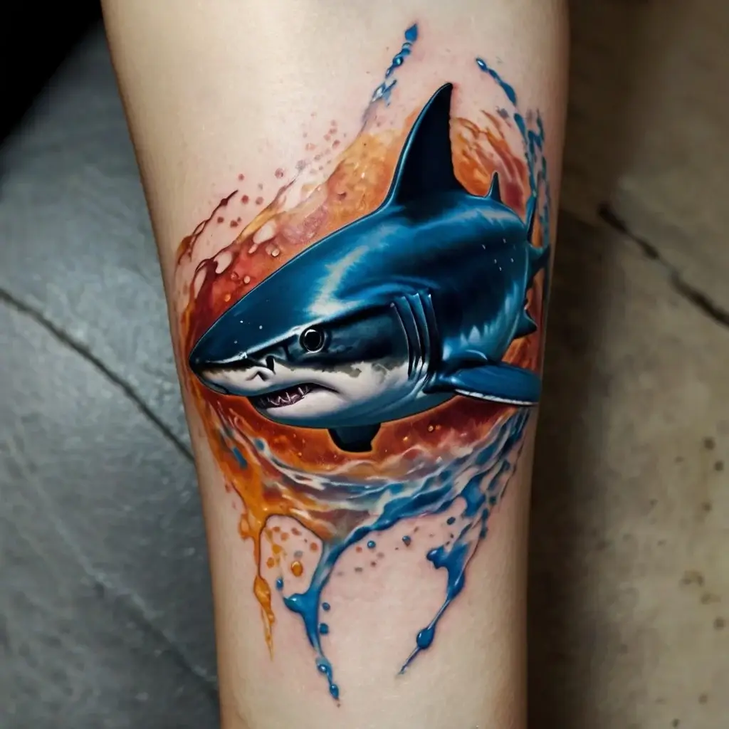 Realistic shark tattoo leaping through vibrant splashes of blue and orange, creating a dynamic 3D effect.