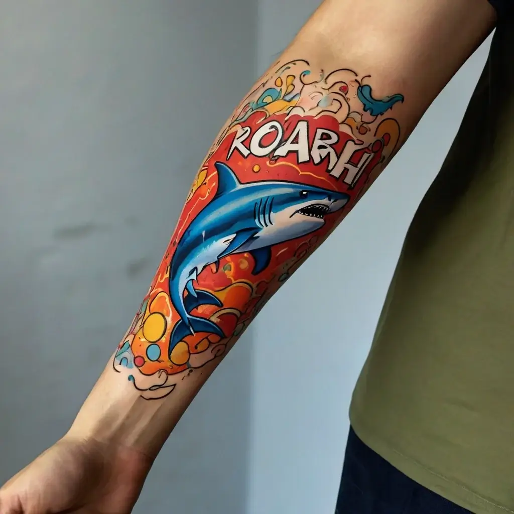 Colorful tattoo of a cartoon shark with the word ROARH on a fiery orange background, featuring bubbles and waves.