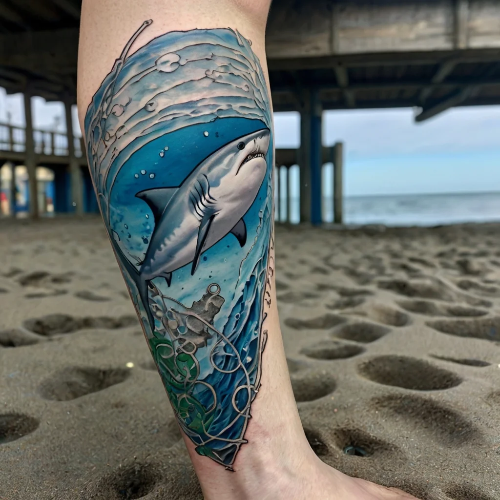 A dynamic tattoo of a great white shark swimming through blue ocean waves on a calf, featuring intricate bubbles and shading.