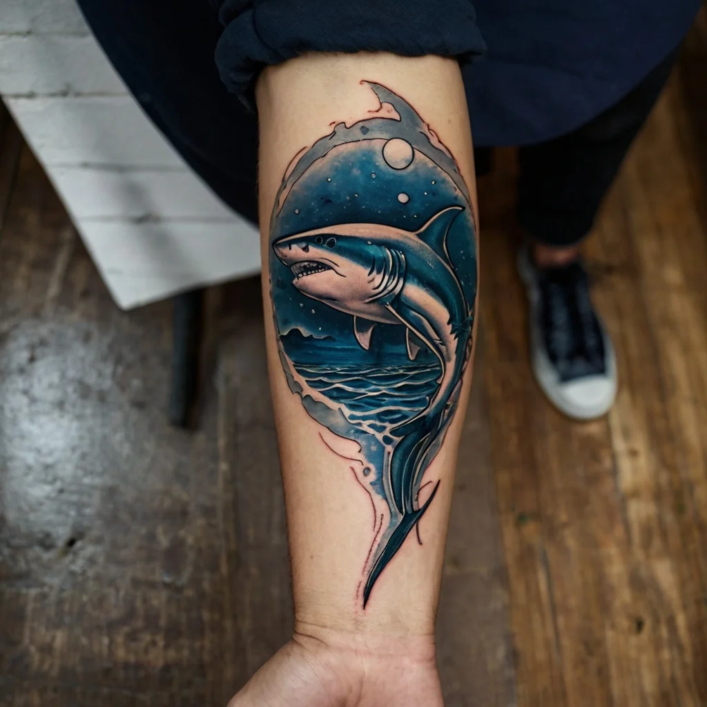 Tattoo of a dynamic shark emerging from water, set against a night sky with a full moon, on a forearm.