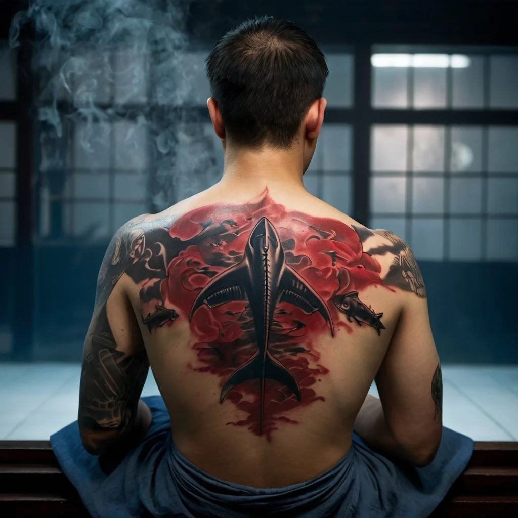 A dynamic back tattoo featuring a shark in shades of black with red accents, surrounded by smoky red clouds.