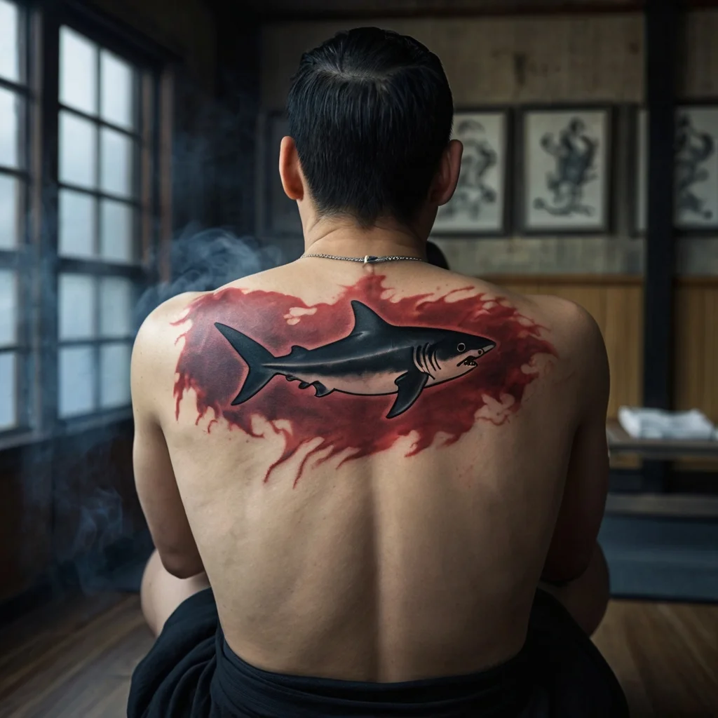 Bold shark tattoo on back, surrounded by vivid red splashes, symbolizing power and fearlessness.