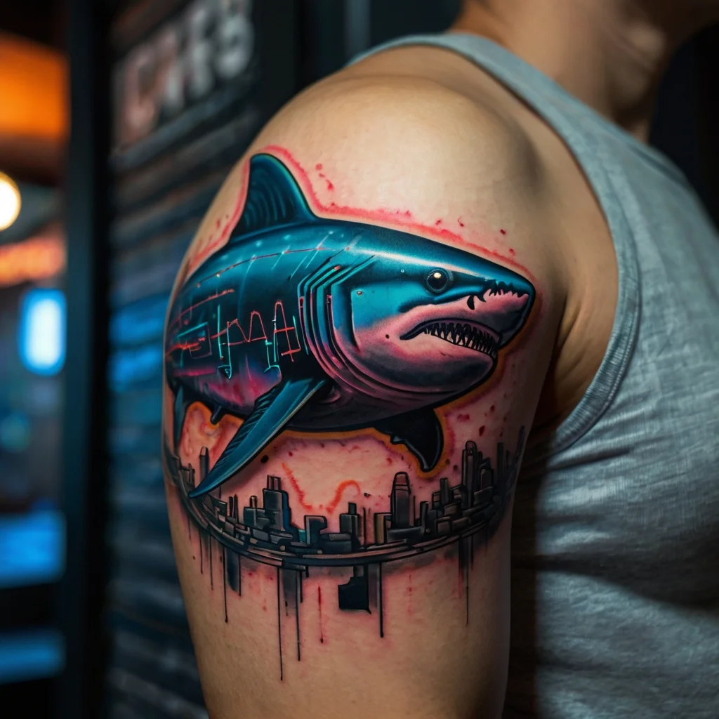 Colorful shark tattoo on arm blending vibrant blues and reds with a cityscape motif below, showcasing urban and ocean themes.