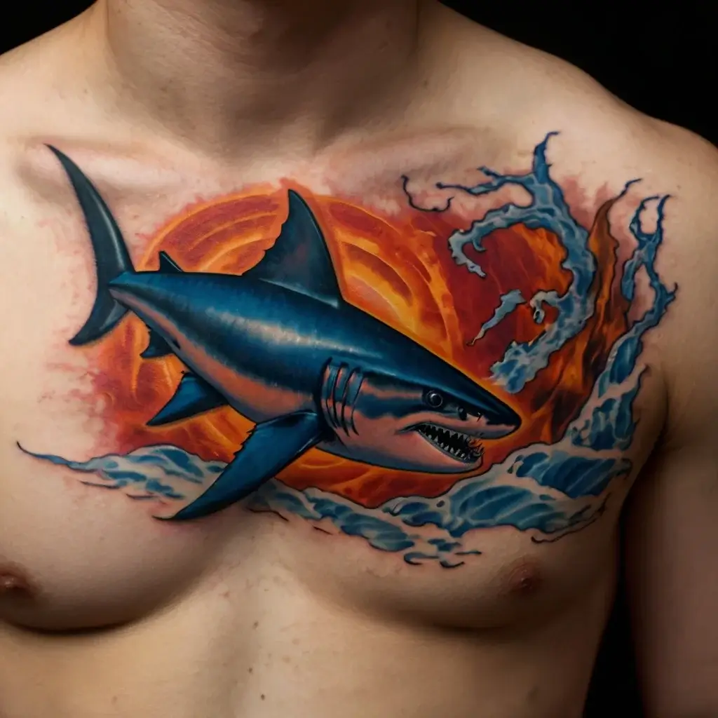 Dynamic tattoo of a shark swimming through waves with a vibrant, fiery background on the chest.