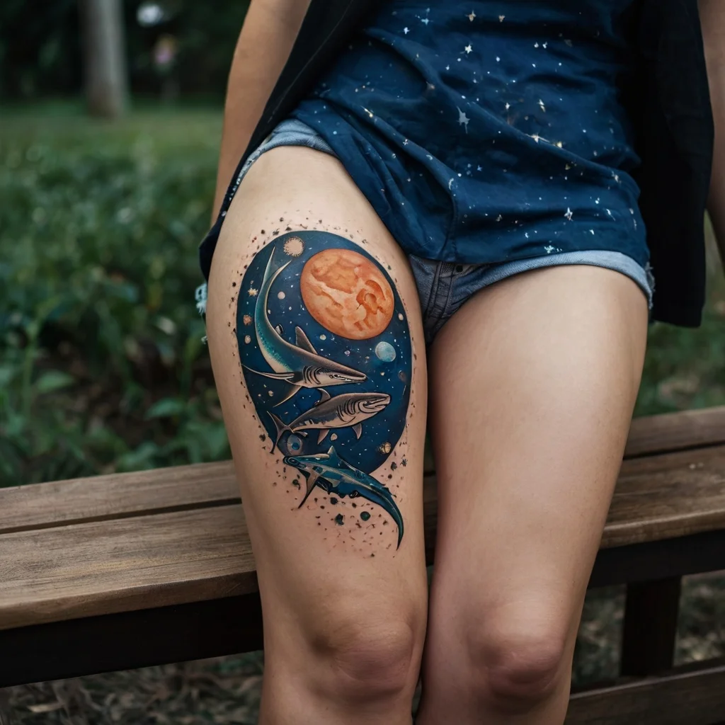 Thigh tattoo of sharks swimming in a cosmic scene with stars and a large orange moon, capturing a surreal underwater universe.