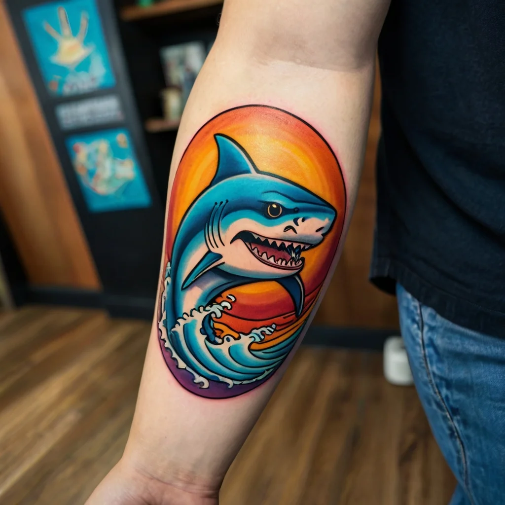 Colorful tattoo of a shark leaping through ocean waves, set against a vivid orange and yellow sunset background.