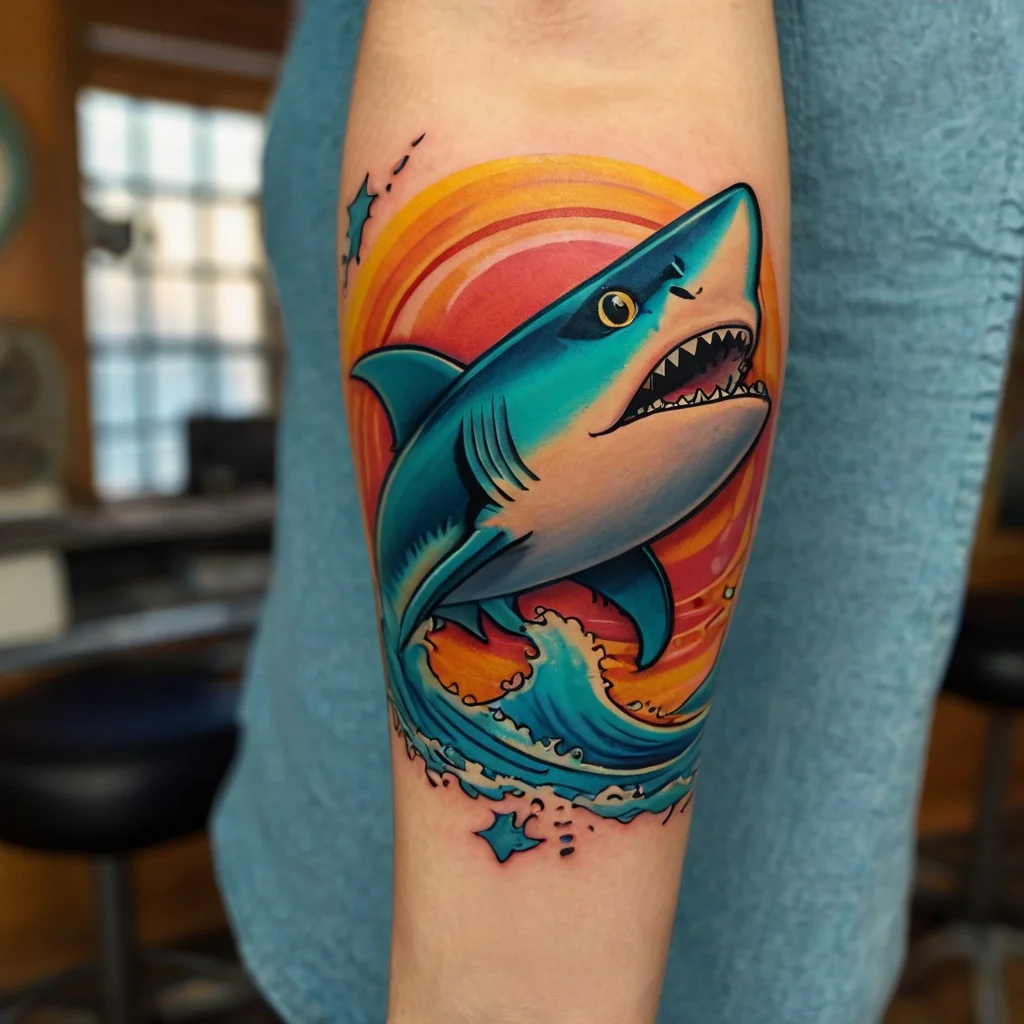 Colorful shark tattoo with bold lines, featuring a dynamic wave and vibrant sunset background, creating a lively scene.