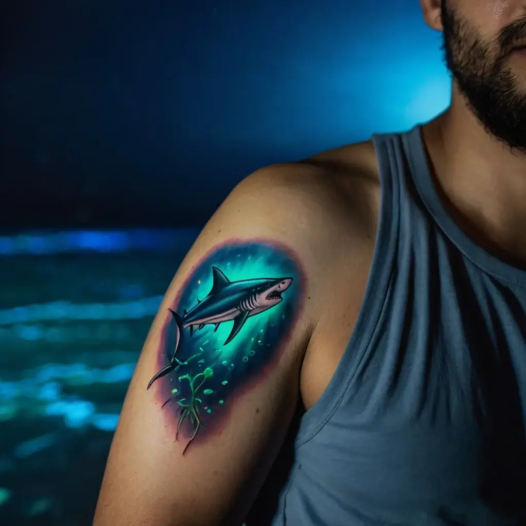 Tattoo of a realistic shark in vibrant blue-green water, detailed with bubbles and seaweed on the upper arm.