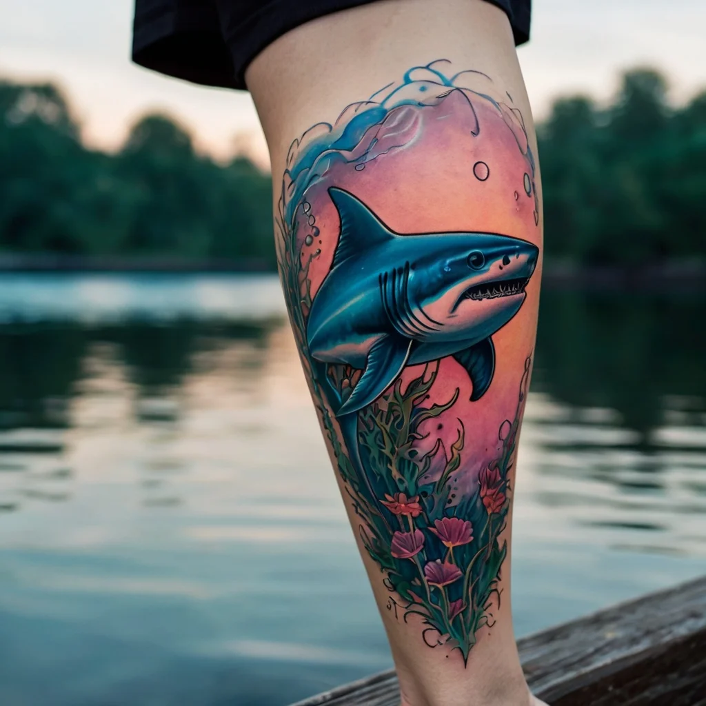 Tattoo of a vibrant shark surrounded by coral with a sunset background, blending blues and pinks, creating a dynamic sea scene.