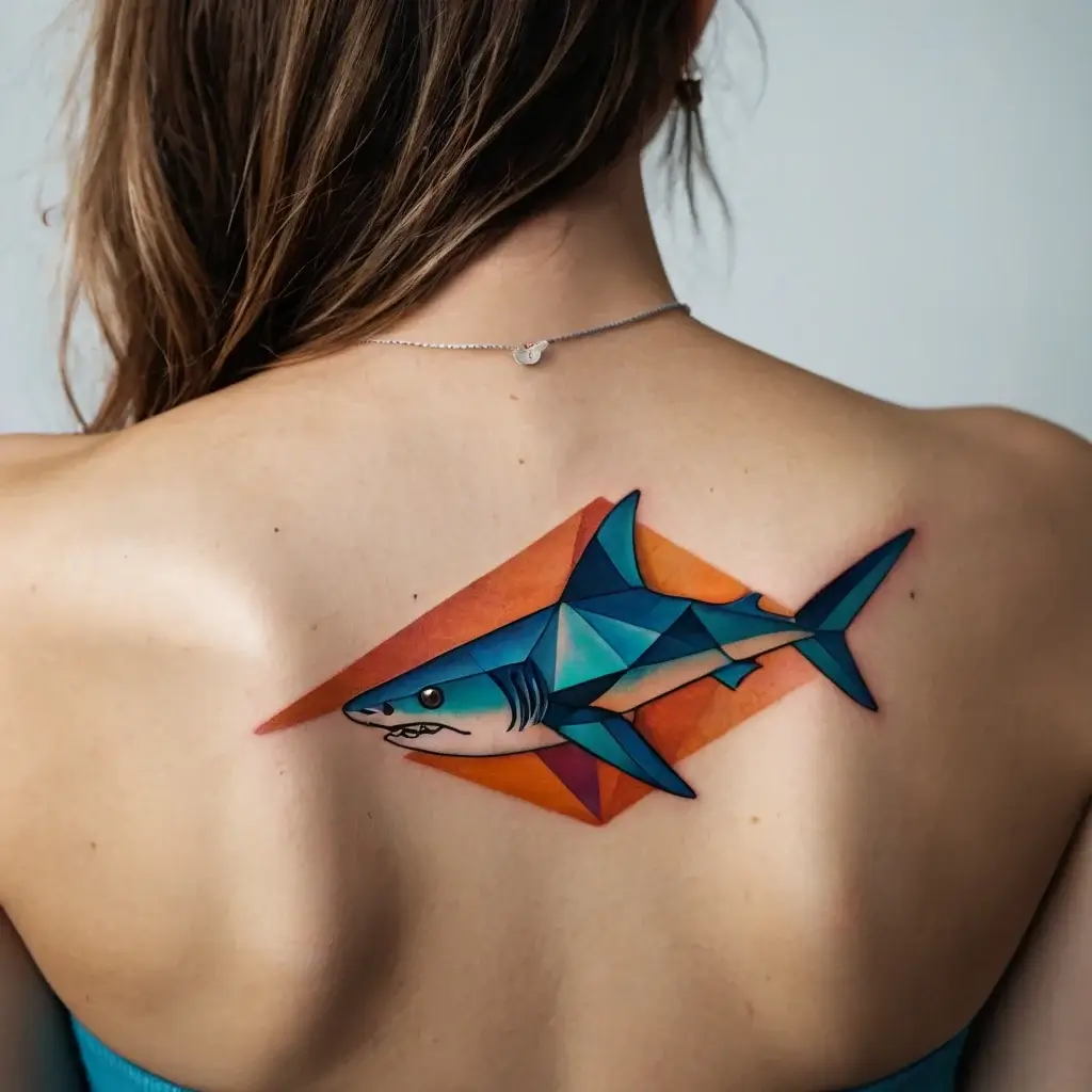 A geometric shark tattoo with vibrant blue and teal hues, outlined by a dynamic orange-red background on the upper back.