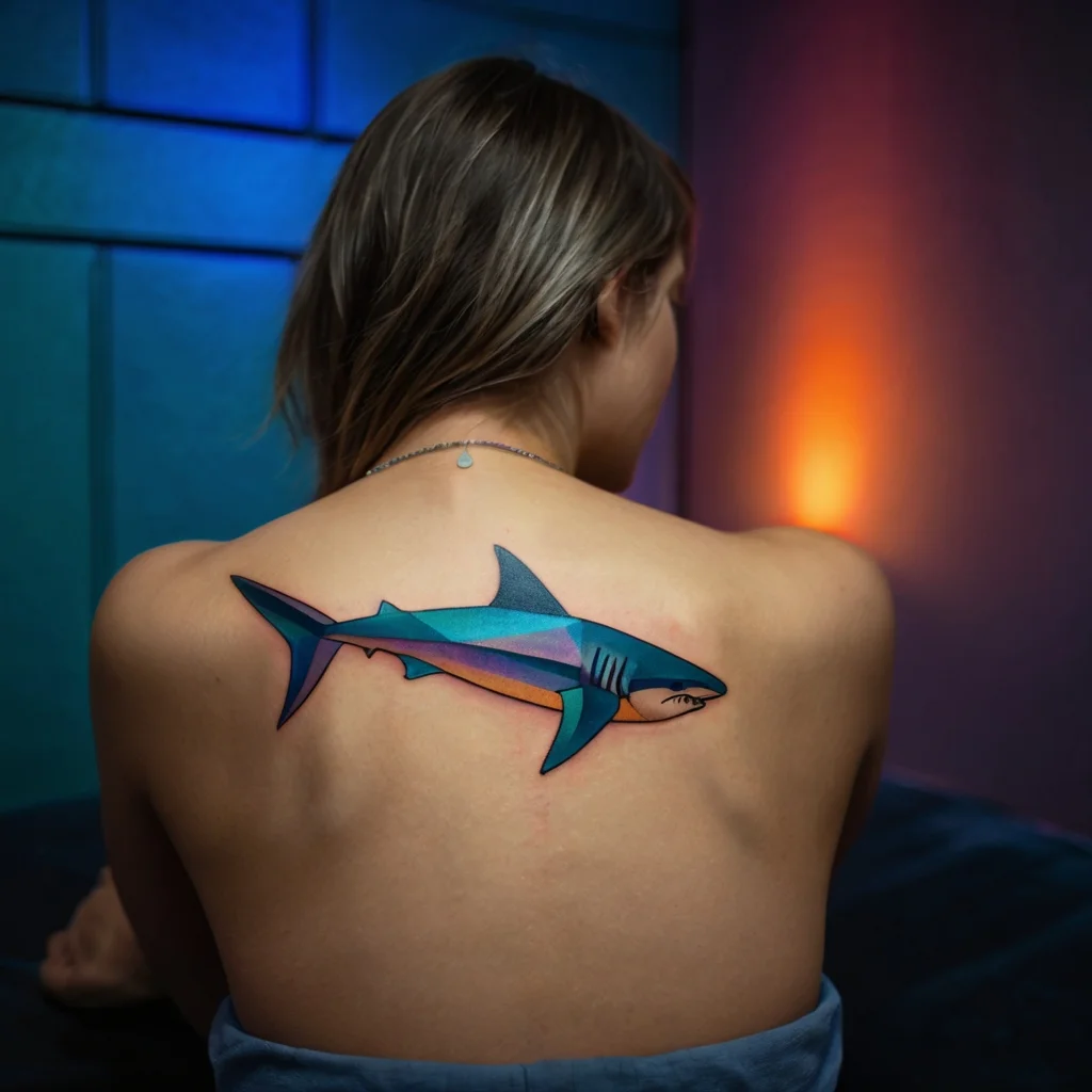 Geometric shark tattoo in vibrant blues and purples on shoulder blade, showcasing sleek lines and dynamic shading.