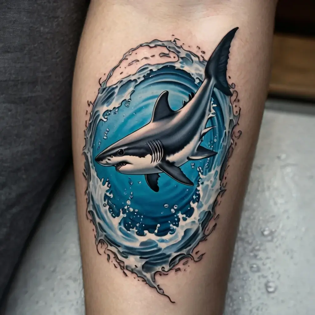 Tattoo of a shark bursting through ocean waves, showcasing dynamic movement and detailed shading in blue and gray tones.