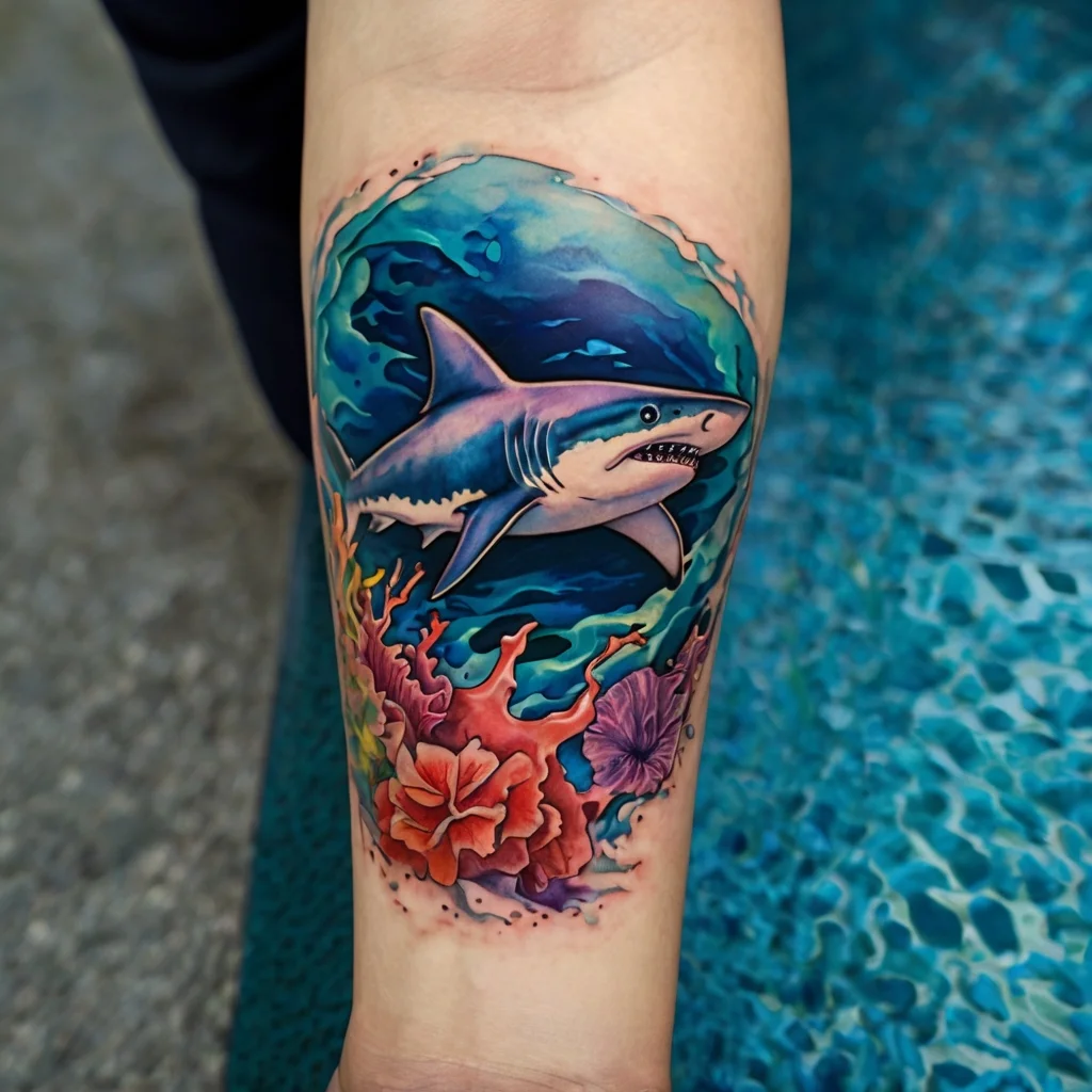 Colorful tattoo of a shark swimming through vibrant coral with blue ocean waves in the background.