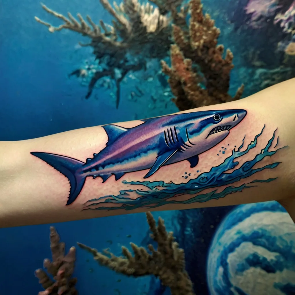 Colorful shark tattoo with bold outlines, swimming through dynamic ocean waves on the forearm.