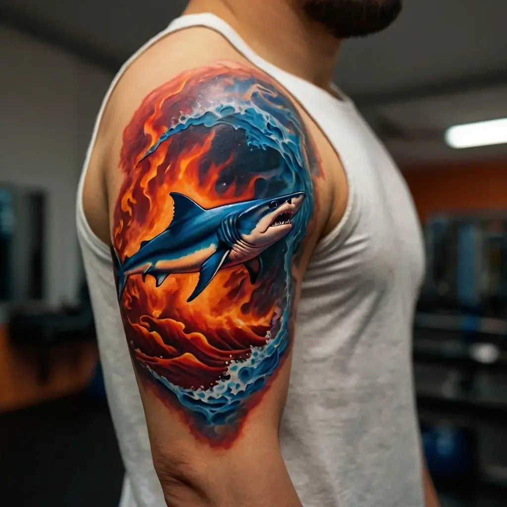 Tattoo of a shark swimming through fiery waves on an upper arm, blending vibrant blues and reds for dynamic contrast.