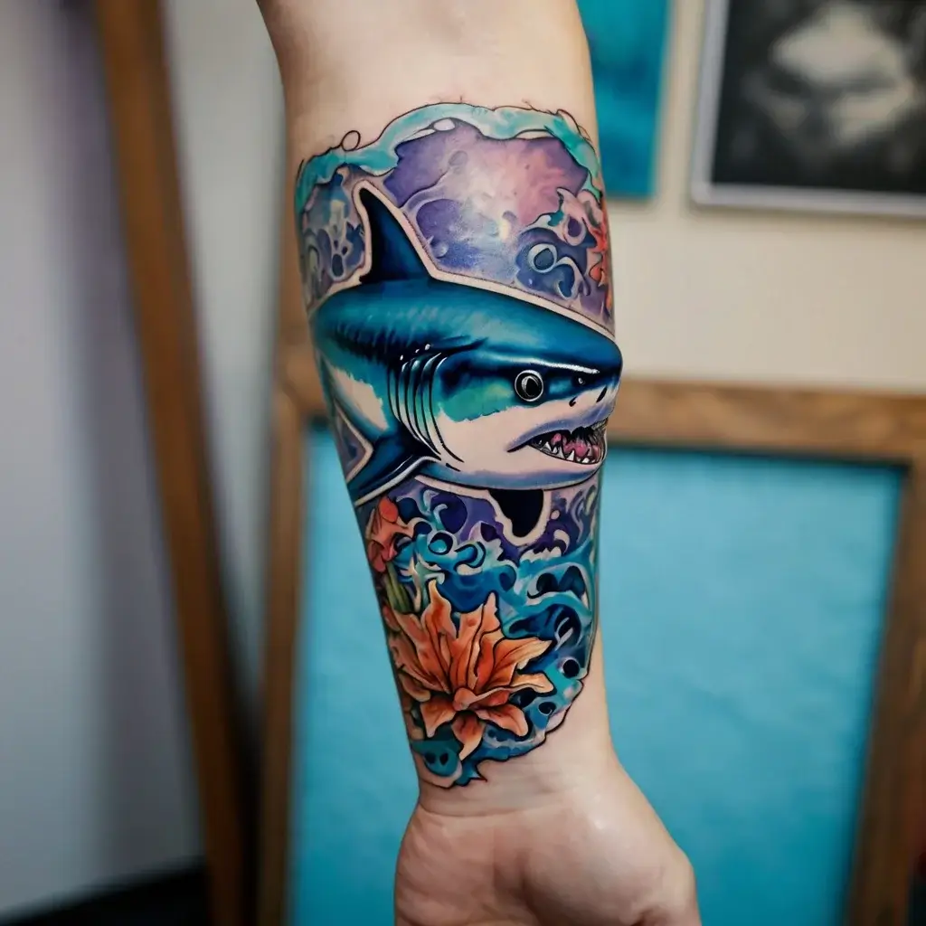 Vibrant shark tattoo with dynamic ocean waves and a colorful orange flower, set in a vivid aquatic scene.