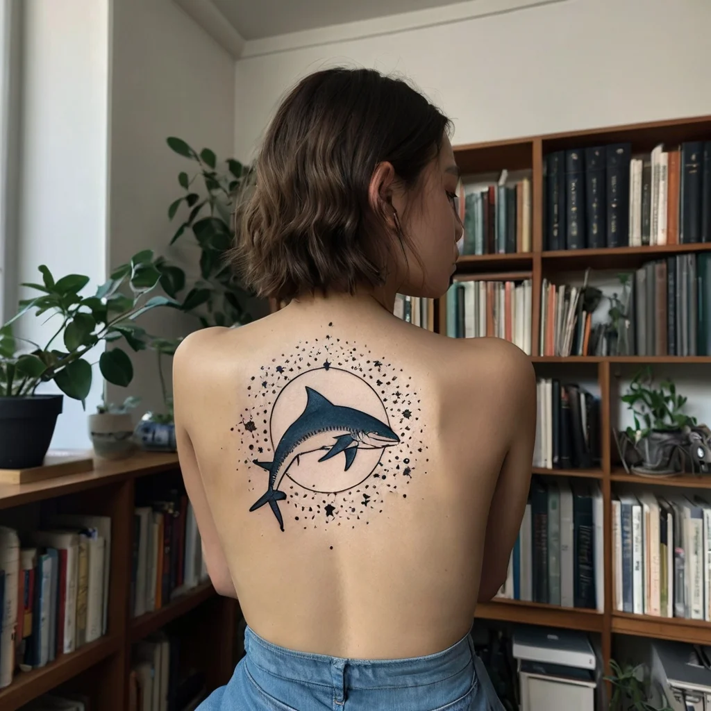 Tattoo of a shark inside a circle with surrounding stars, blending realism and cosmic elements on the upper back.