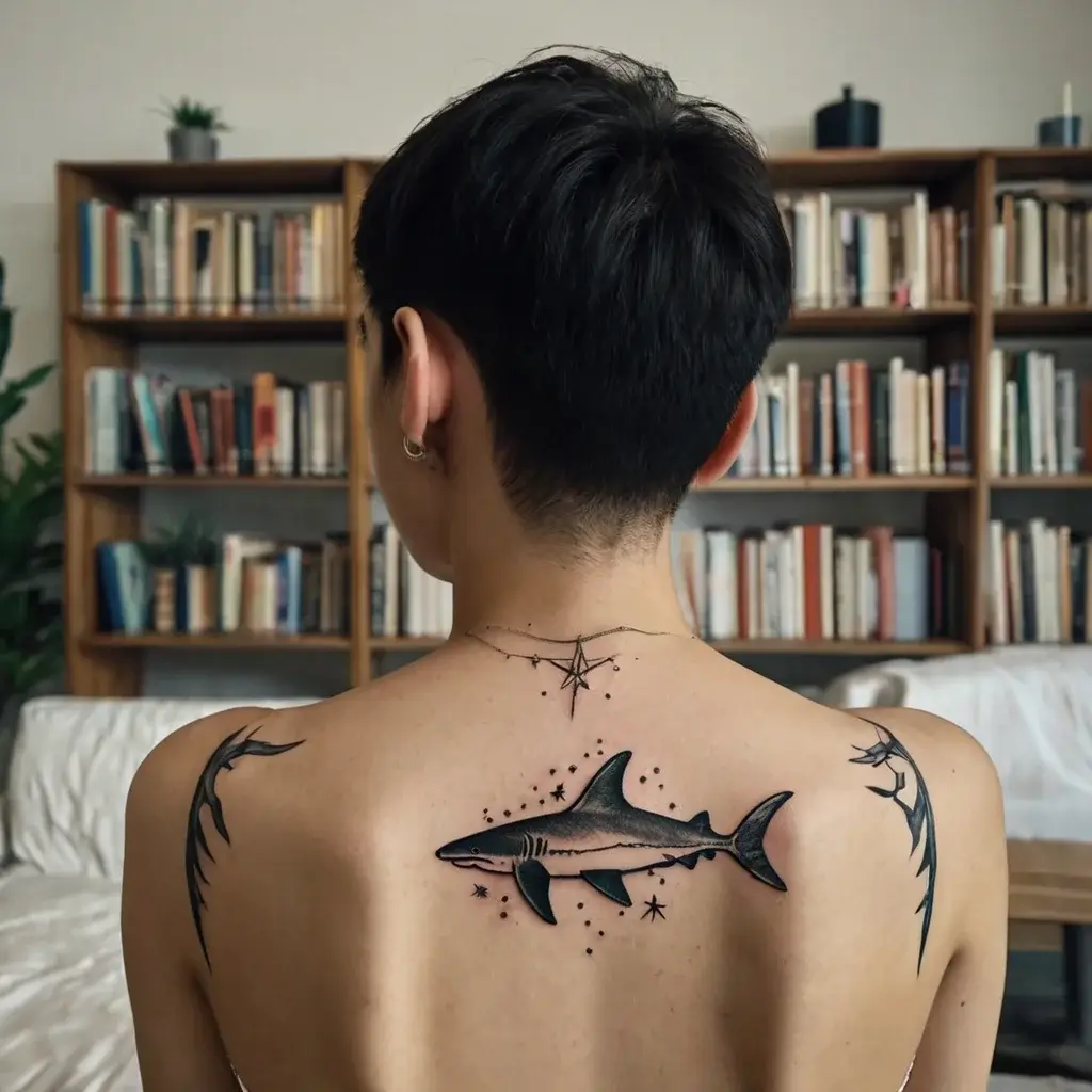 Shark tattoo on back with stars, surrounded by tribal patterns on shoulders; minimalist and bold design.