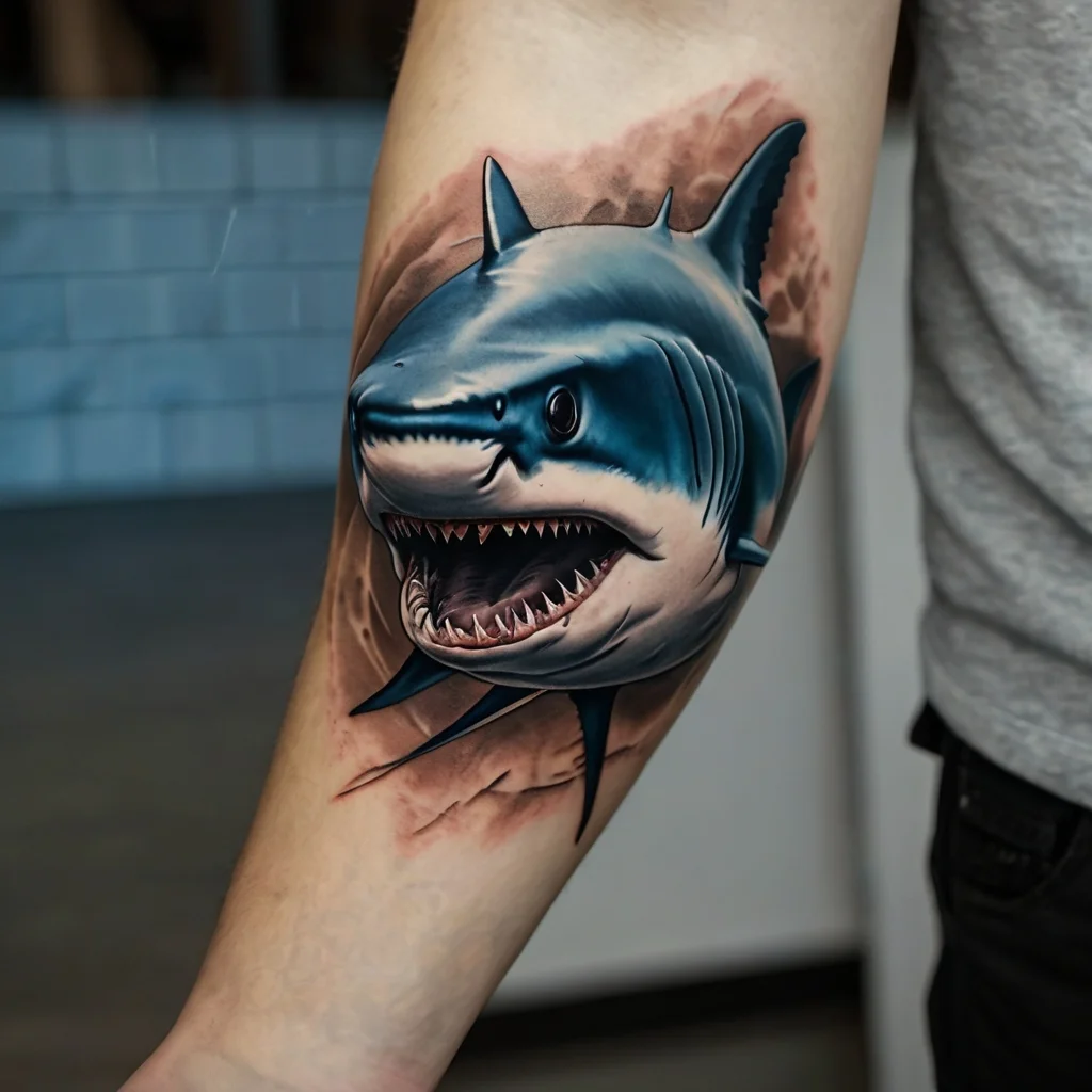 Realistic 3D tattoo of a fierce great white shark, emerging from the skin with detailed shading and vibrant colors.