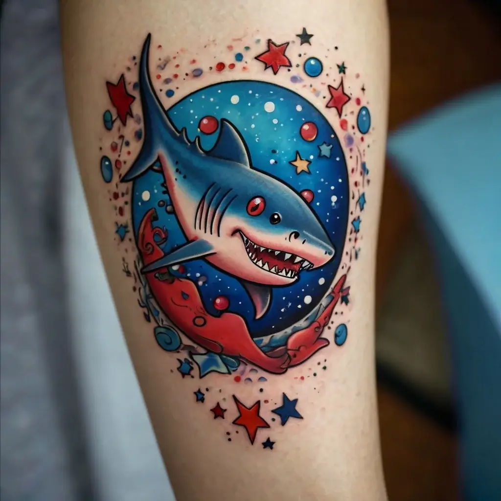 Colorful shark tattoo with a dynamic, cosmic background of stars and splashes, merging aquatic and celestial themes.