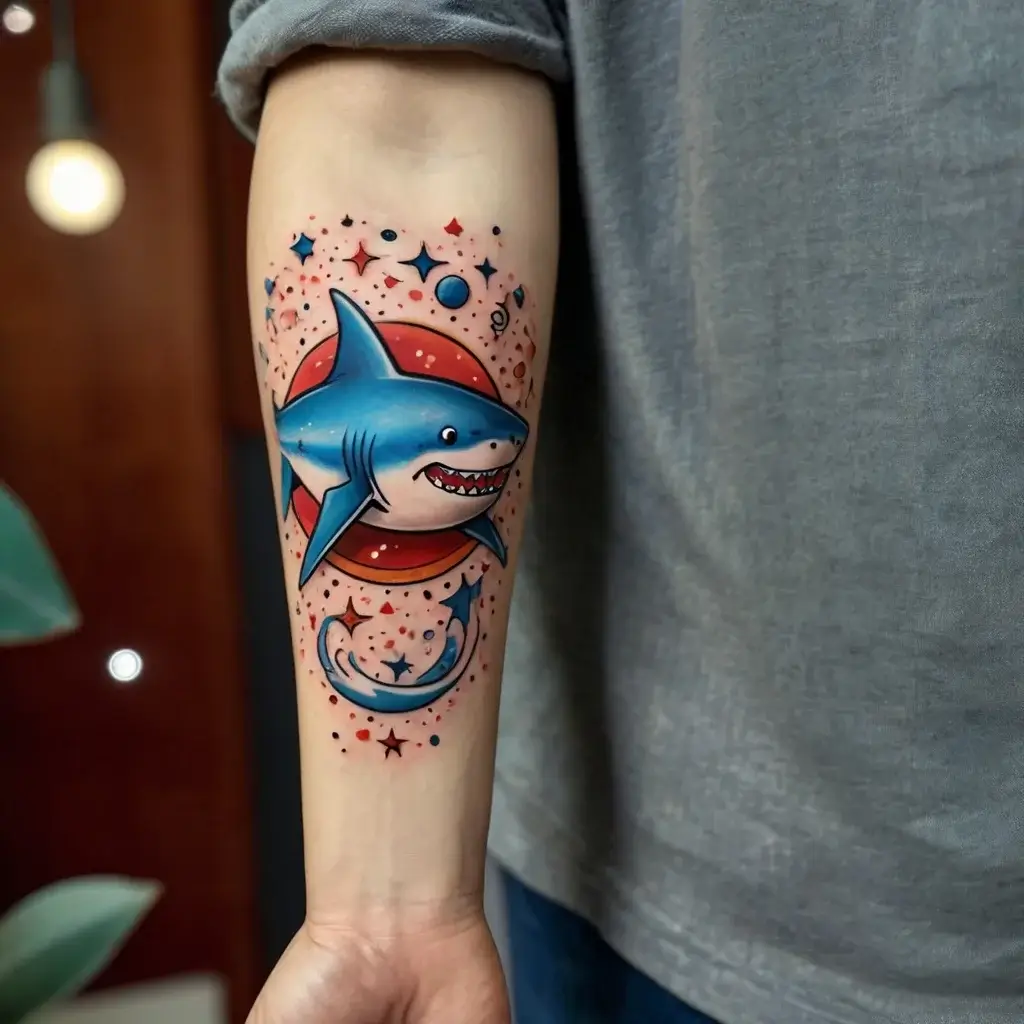 Bright cartoon shark tattoo with cosmic elements, stars, planets, and red splashes, highlighting adventure and imagination.