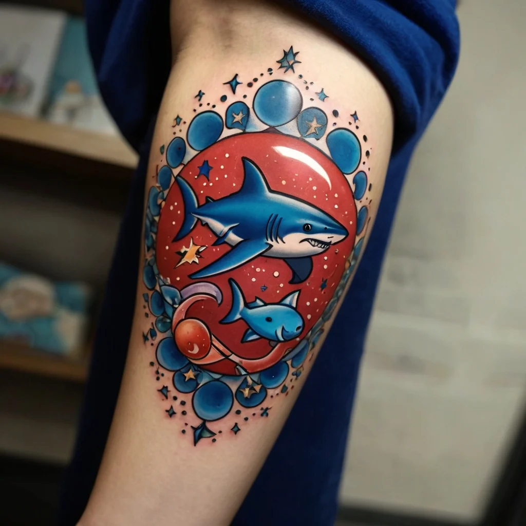 Colorful tattoo of two sharks swimming in a vibrant galaxy with stars and bubbles, against a red circular backdrop.