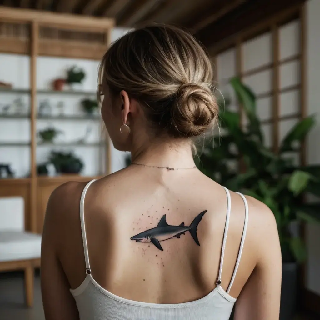 Tattoo of a realistic shark on a woman's upper back with light shading and stippling details, conveying strength and resilience.