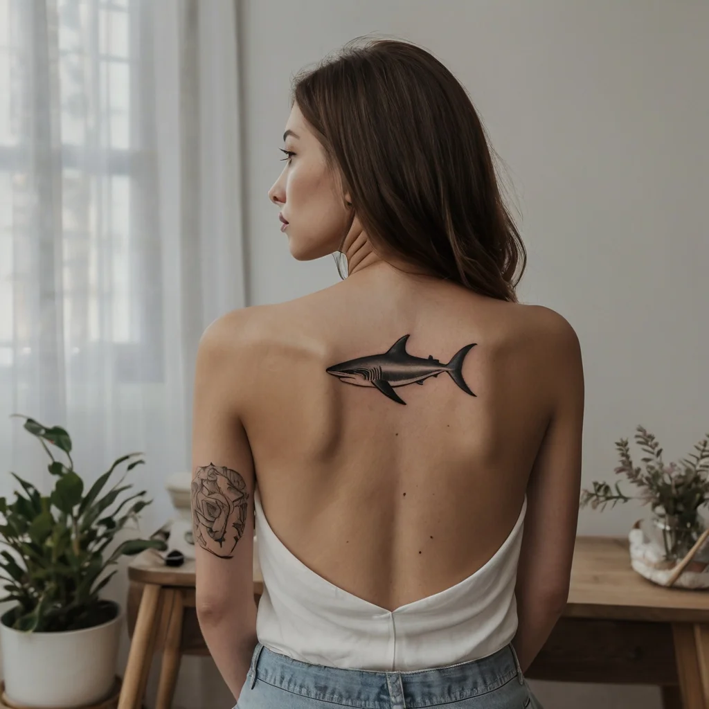 A sleek shark tattoo on back, detailed in black and gray, symbolizes strength and adaptability. Rose tattoo on arm.