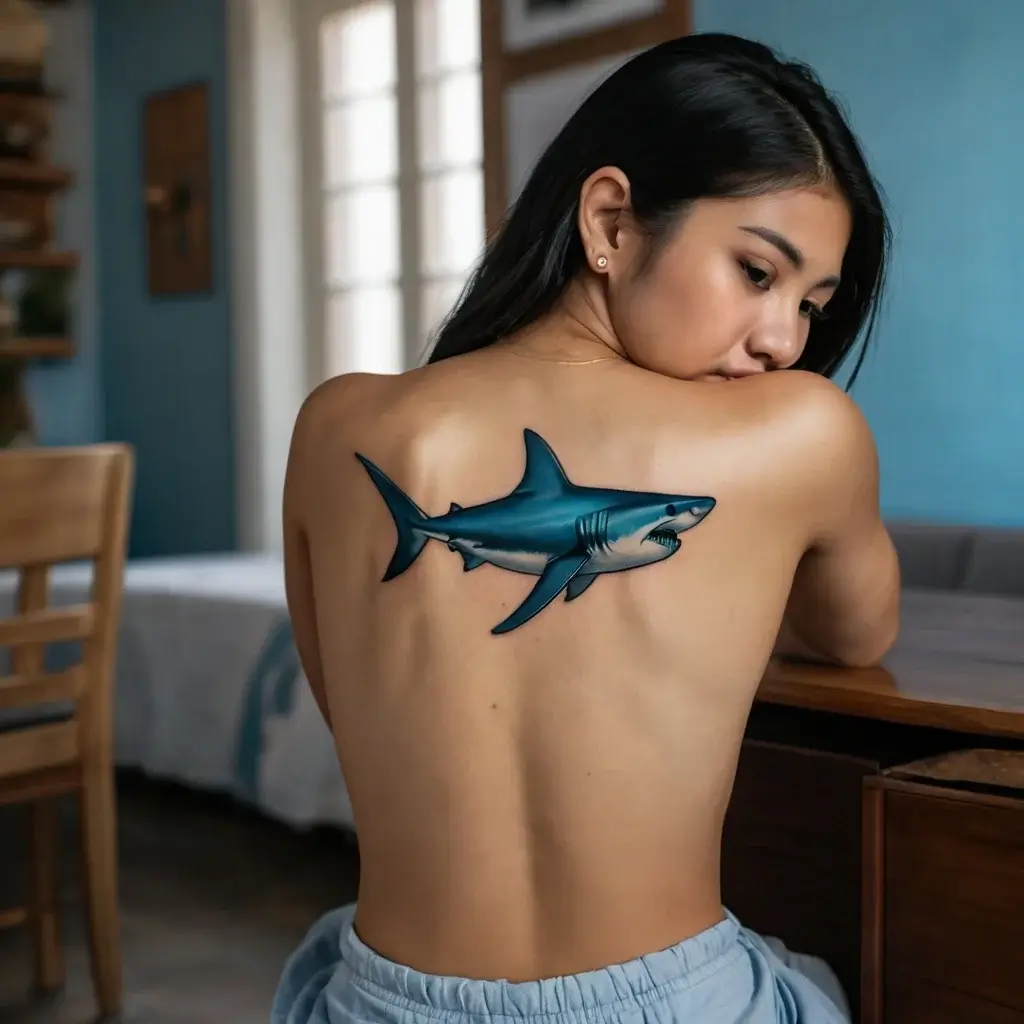 A realistic shark tattoo with dynamic shading and detail, placed prominently on a woman's shoulder blade.