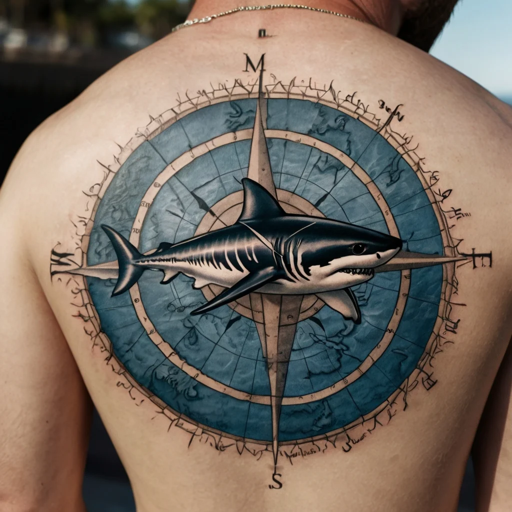 Shark tattoo over a nautical compass on a back, symbolizing adventure and strength, with blue and grey tones.