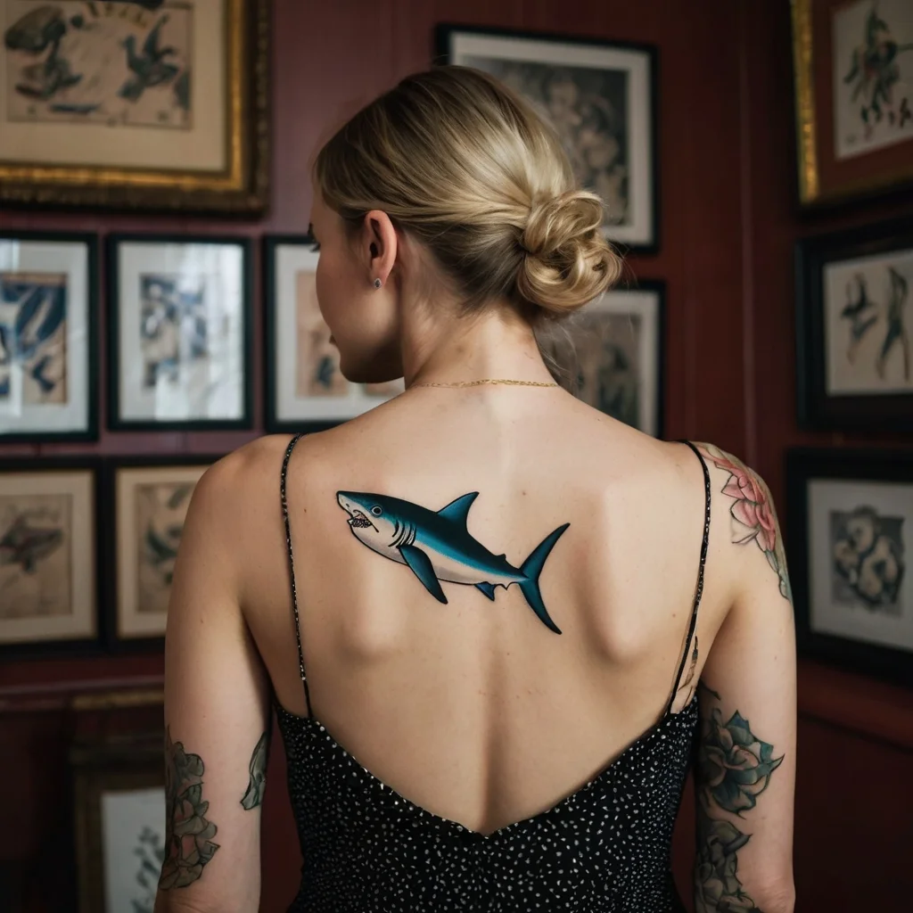 A vibrant, blue shark tattoo on the upper back, showcasing bold outlines and shading for a dynamic sea creature look.