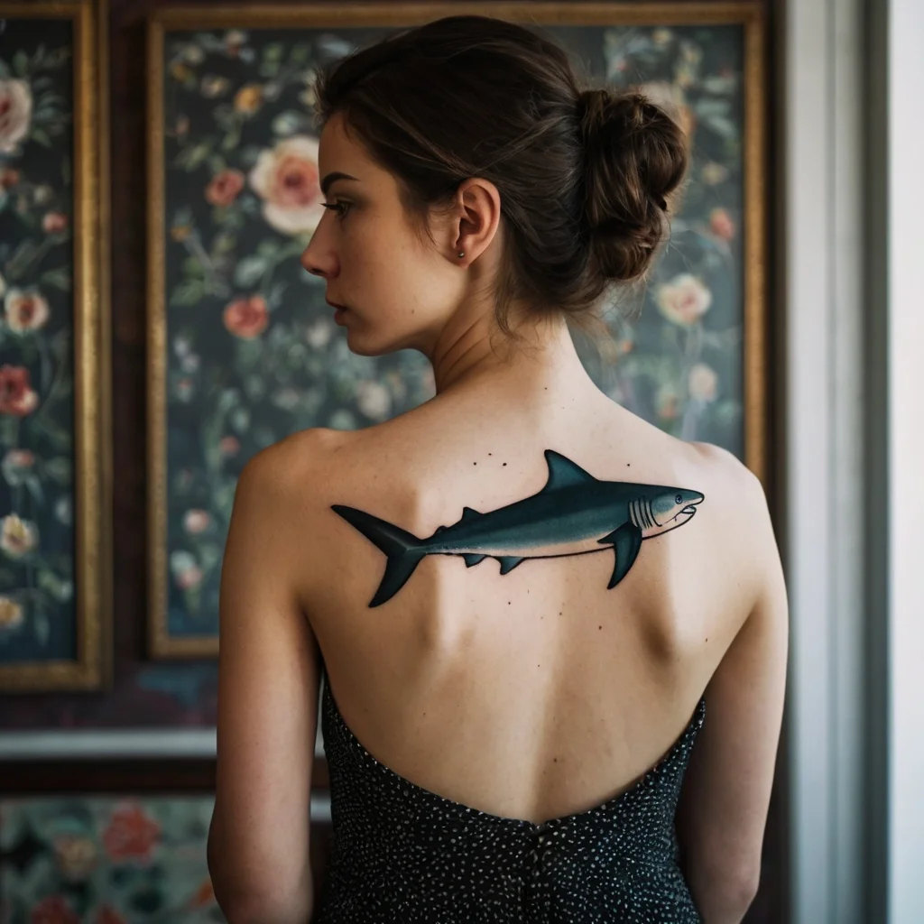 A realistic shark tattoo in shades of blue and grey on a woman's upper back, swimming rightward against bare skin.