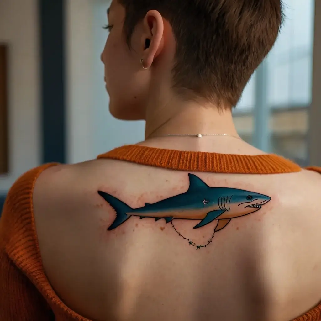 Colorful shark tattoo with bold outlines on upper back, featuring a blue and orange gradient and a star chain design.