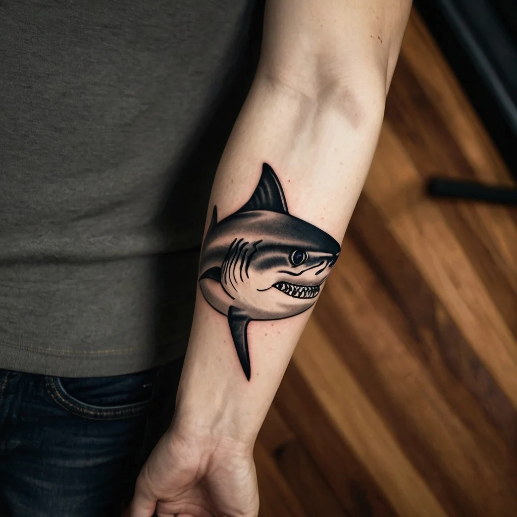 Bold shark tattoo on forearm, featuring realistic shading and dynamic lines, capturing a sense of movement and intensity.