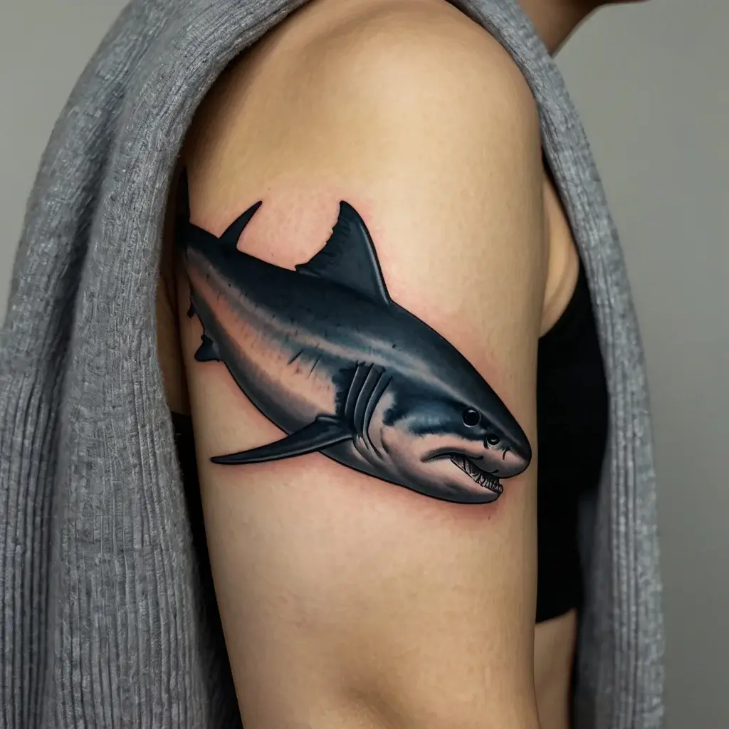 Realistic shark tattoo on upper arm shows detailed shading, capturing the shark mid-swim with lifelike expression.