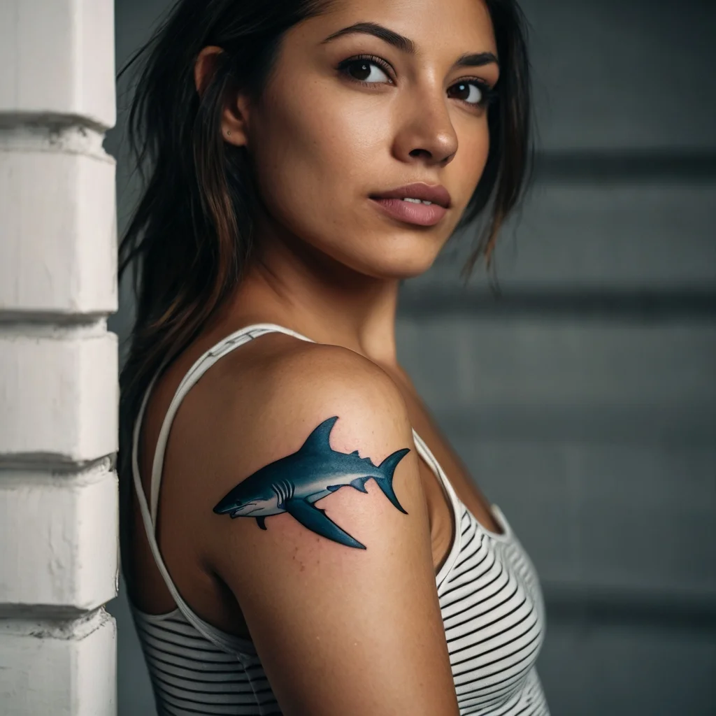 Realistic blue shark tattoo on upper arm, showcasing bold shading and detail, symbolizing strength and freedom.