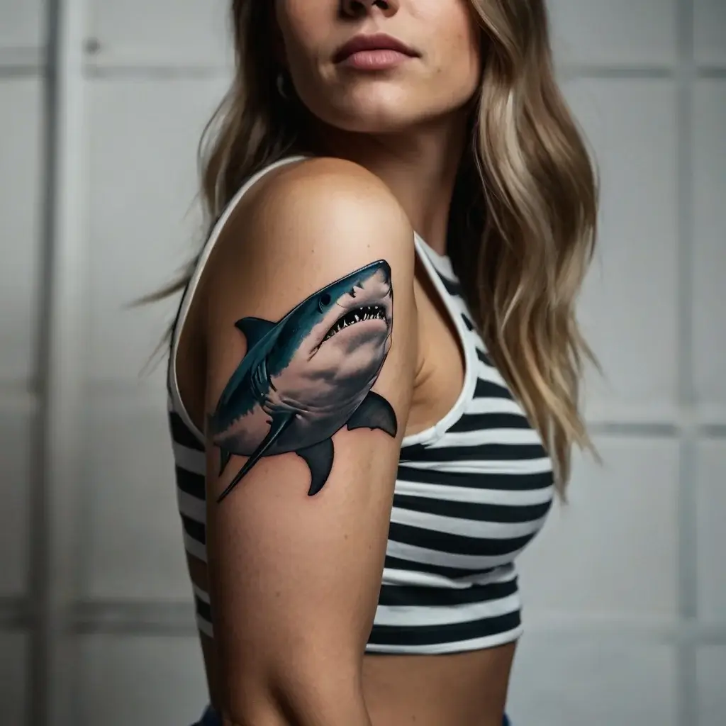 Realistic great white shark tattoo on upper arm, showcasing dynamic movement and vibrant blue-gray shading.