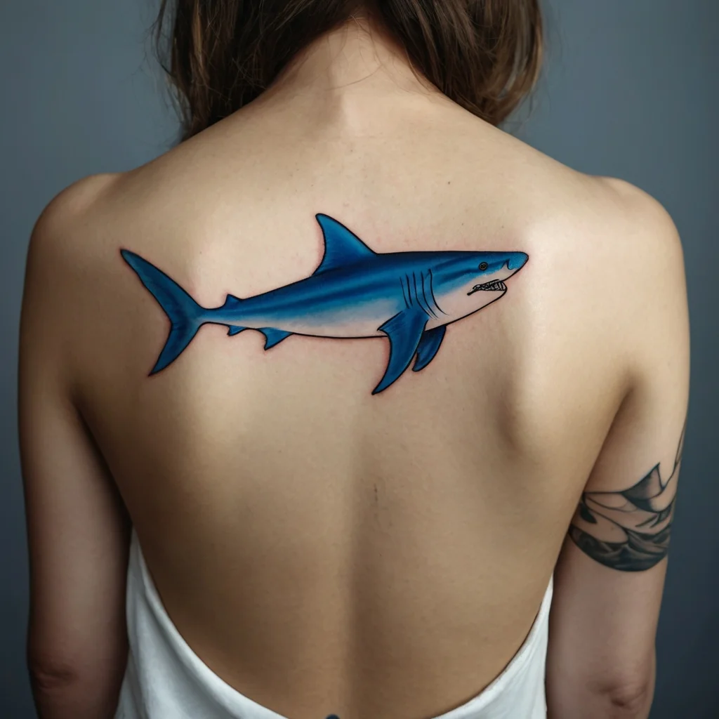 Blue shark tattoo on upper back, intricately shaded with realistic detail, capturing movement and oceanic essence.