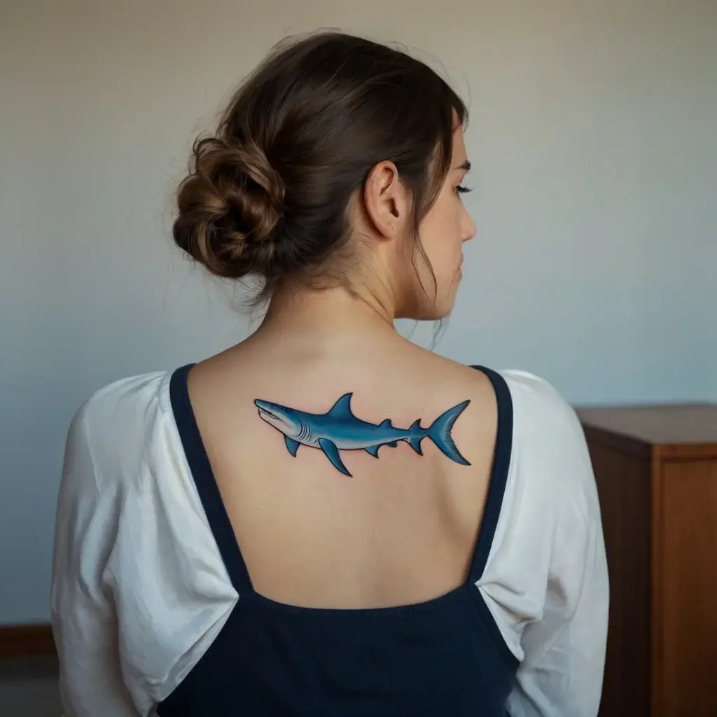 A stylized blue shark tattoo spans the upper back, blending realism with bold outlines and gentle shading for depth.