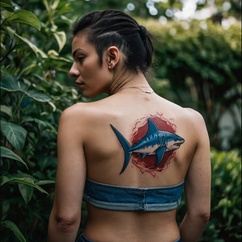 A dynamic shark tattoo on the back, featuring bold blue tones, emerging from a vivid red splash for an eye-catching contrast.