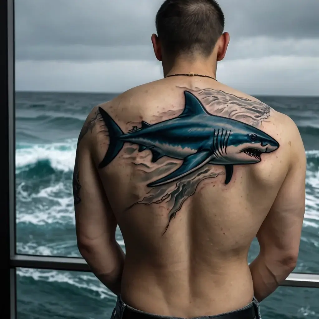 Realistic shark tattoo on back, emerging from waves, symbolizing strength and freedom against a stormy sea backdrop.