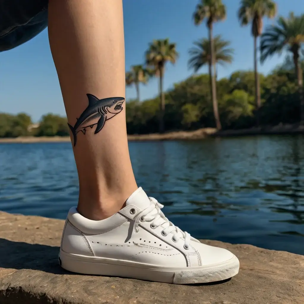 A vibrant black and gray shark tattoo on an ankle, showcasing dynamic movement and sharp details of the fin and jaw.