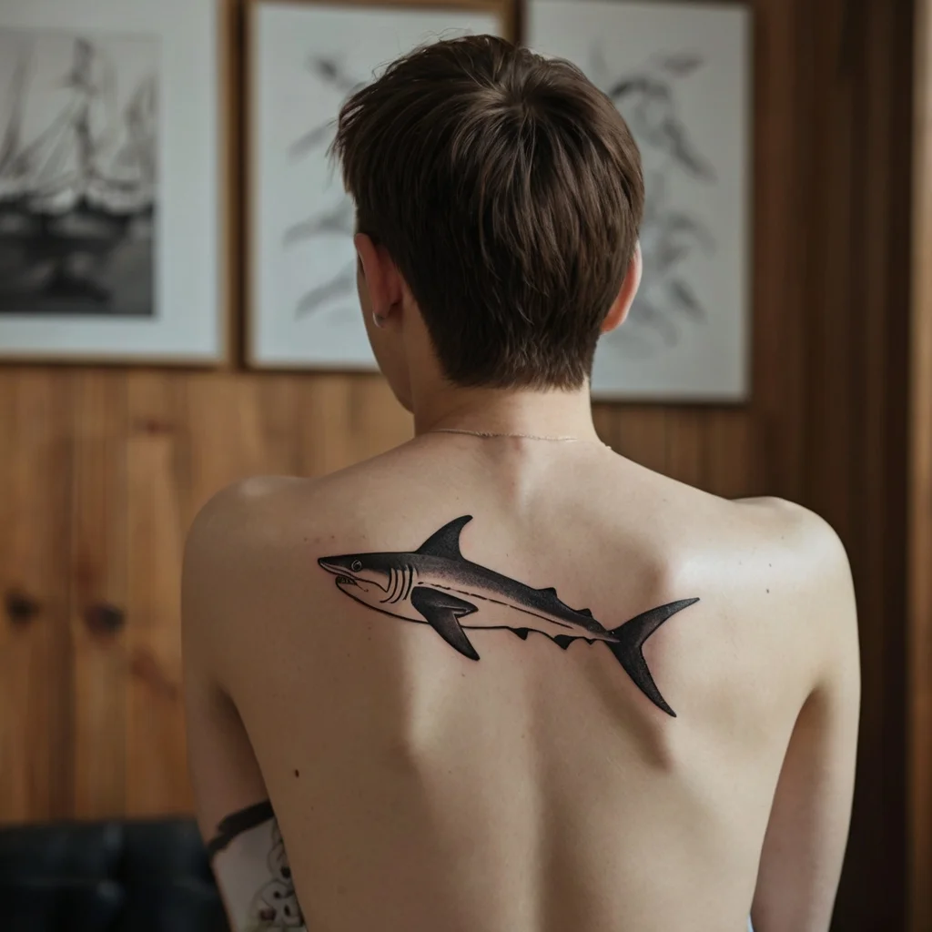 Realistic shark tattoo on back, featuring bold lines and shading to highlight dynamic movement and fierce expression.