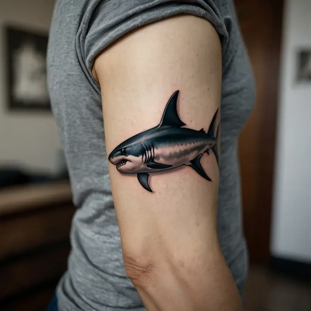 Realistic shark tattoo on upper arm, showcasing dynamic shading and detail, capturing the shark’s powerful motion.