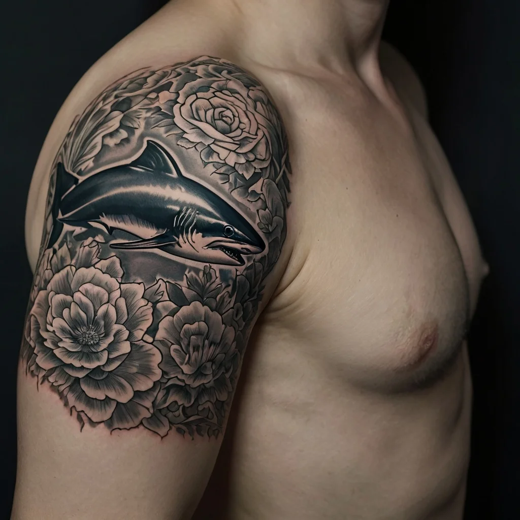 Black and gray tattoo of a shark amidst blooming roses on the upper arm, blending marine and floral themes.