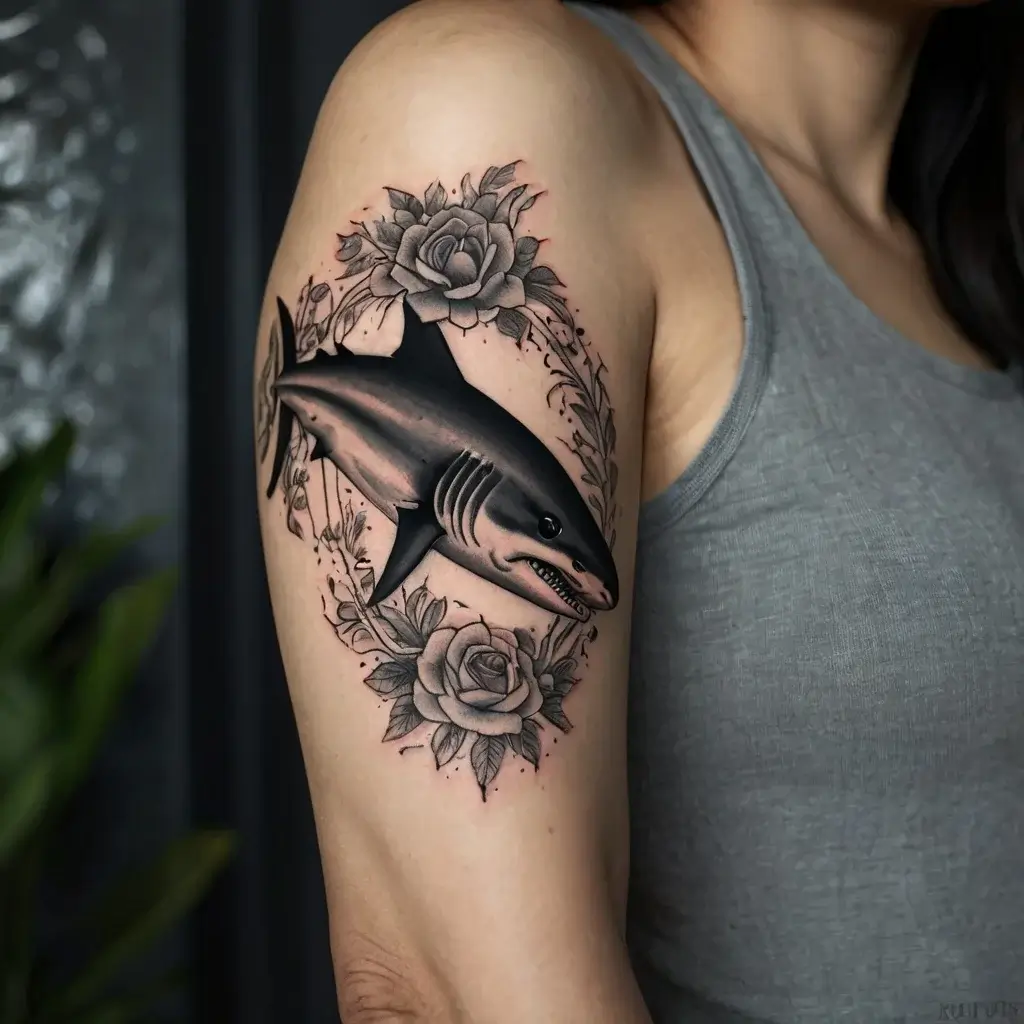 Tattoo of a detailed shark surrounded by blooming roses on the upper arm, blending nature and marine themes.