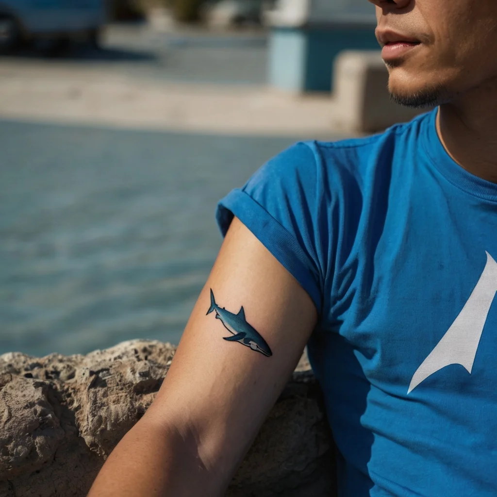 A sleek blue shark tattoo on the bicep, symbolizing strength and independence, with clean lines and realistic shading.